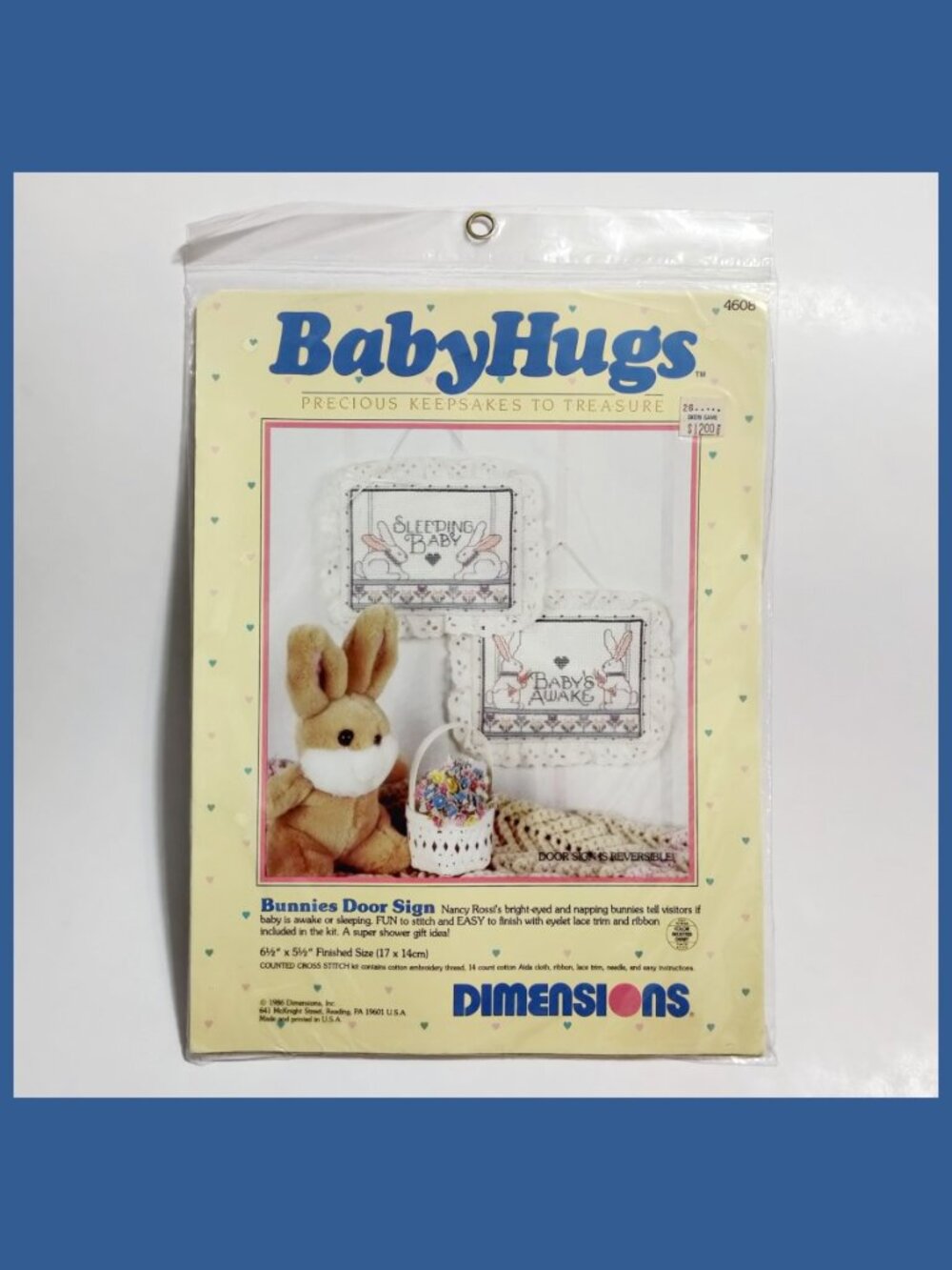 Vtg Dimensions BabyHugs Awake/Sleeping Bunnies Door Sign Cross Stitch Kit #4608